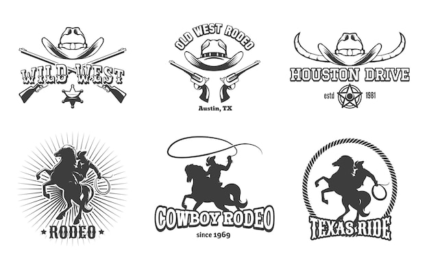 Étiquettes Wild West Et Rodeo. Texas Cowboy, Timbre Et Chapeau, Design Rétro Américain.