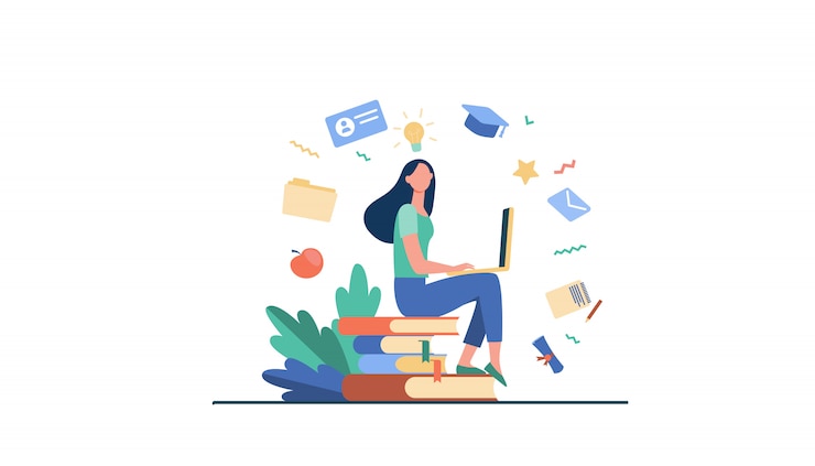Vecteur gratuit étudiant avec un ordinateur portable qui étudie sur un cours en ligne