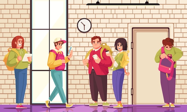 Étudiants Avec Affiche De Dessin Animé De Sacs à Dos Dans L'illustration Vectorielle Du Couloir Du Collège