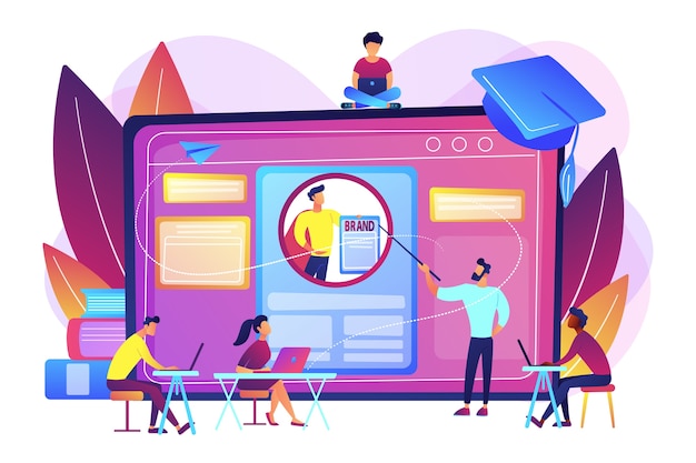 Les étudiants en marketing créent une identité d'entreprise. Cours sur la marque personnelle, éducation stratégique sur l'auto-marketing, concept de cours en ligne sur la marque personnelle.