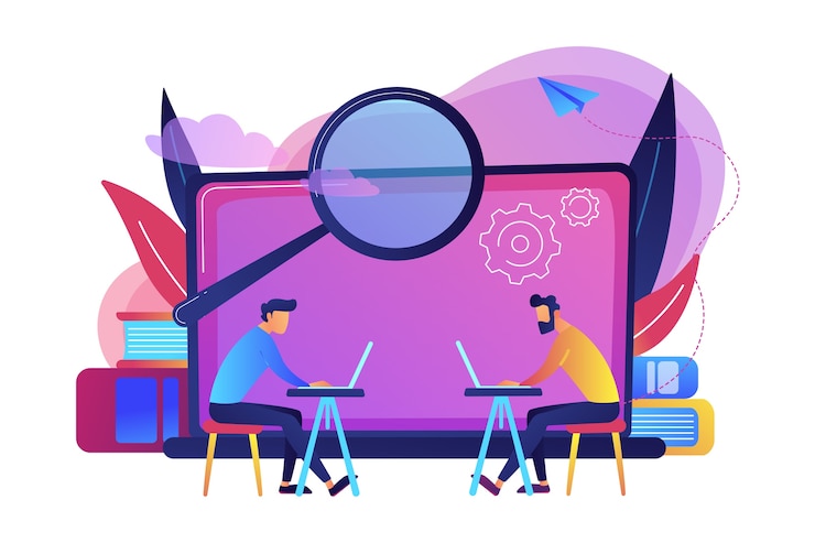 Vecteur gratuit les étudiants avec des ordinateurs portables recherchent des informations dans l'illustration de la classe informatique