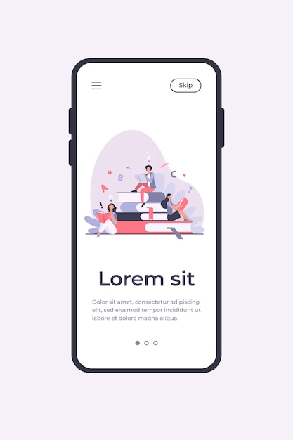 Vecteur gratuit les étudiants qui étudient les manuels. femme assise sur une pile de livres et lecture. illustration vectorielle pour bibliothèque, rat de bibliothèque, modèle d'application mobile de concept de librairie