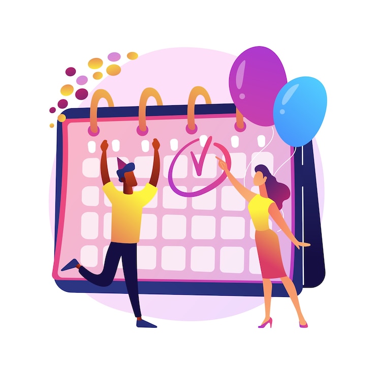 Vecteur gratuit événement de calendrier festif, fête de célébration de vacances. planification du calendrier de travail, gestion de projet, idée de délai. gestionnaires de bureau, collègues enthousiastes.