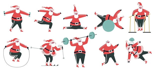 Père Noël Faisant Des Exercices Sur Tapis Roulant Stepper Homme Barbu Entraînement Cardio 