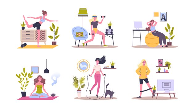 Exercice De Sport A La Maison Femme Faisant De L Entrainement A L Interieur Yoga Et Fitness Mode De Vie Sain Illustration Vecteur Premium