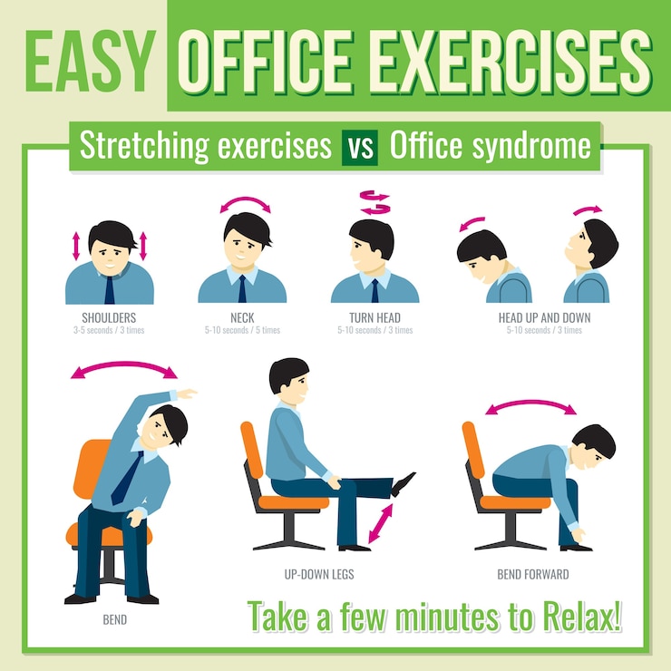 Vecteur gratuit exercices de bureau avec caractère d'homme d'affaires. détendez-vous exercice, exercice de santé infographique, exercice de tour de tête d'homme. illustration vectorielle infographique