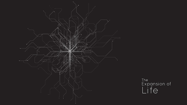 Expansion de la vie cybernétique Réseau de neurones d'IA vectorielle Mouvement défini de petites particules Croissance géométrique organique des tentacules Colonisation de l'espace Toile de fond d'explosion en rafale
