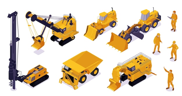 Vecteur gratuit exploitation minière isométrique sertie d'images isolées d'unités de machinerie lourde pelles bulldozers jaunes sur illustration vectorielle fond blanc