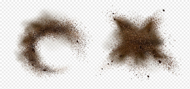 Explosion de grains de café et de poudre. Illustration réaliste de grains de café moulu torréfié râpé et arabica avec éclaboussures de poussière brune isolé sur fond transparent