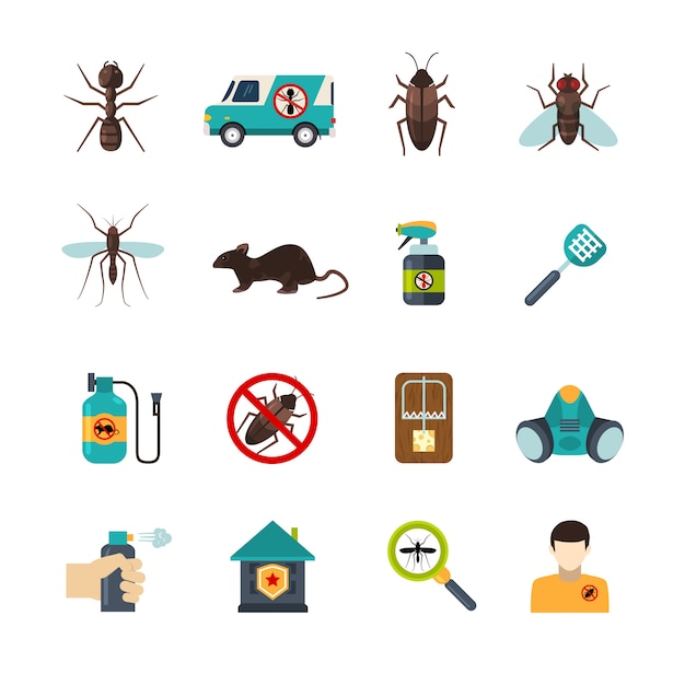 Vecteur gratuit exterminator pest control flat icons set