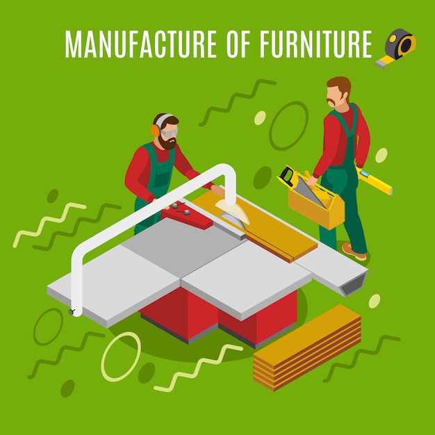 Vecteur gratuit fabrication de meubles, travaux sur la composition isométrique des équipements de machines sur vert