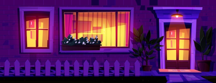 Vecteur gratuit façade de la maison la nuit avec la lumière des fenêtres et de la lampe au-dessus de l'entrée mur de briques de dessin animé du bâtiment avec fenêtres et portes clôture en bois et plantes en pots soirée sombre extérieur de la maison rurale