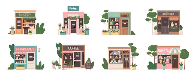 Vecteur gratuit façades de petites entreprises ensemble plat avec boulangerie pharmacie livres de fleurs antiquités cosmétiques bonbons cafés isolés illustration vectorielle