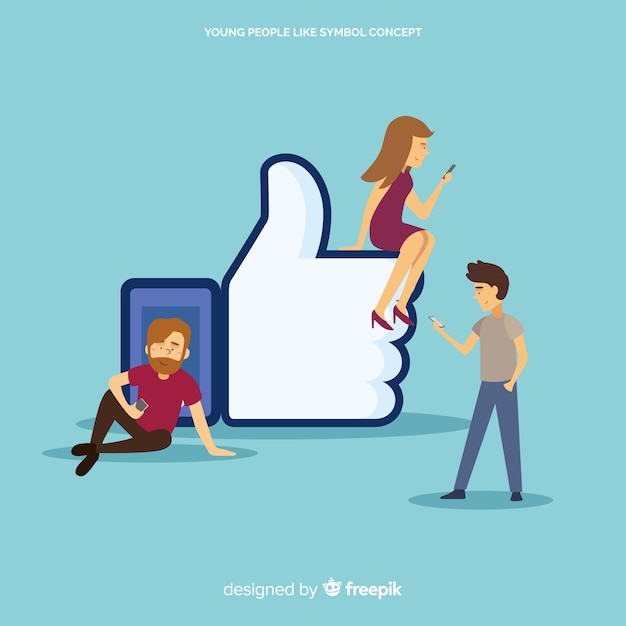 Vecteur gratuit facebook aime. adolescents sur les médias sociaux. conception de personnages.