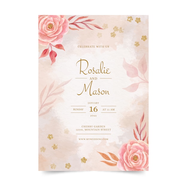 Faire-part de mariage aquarelle fleurs roses