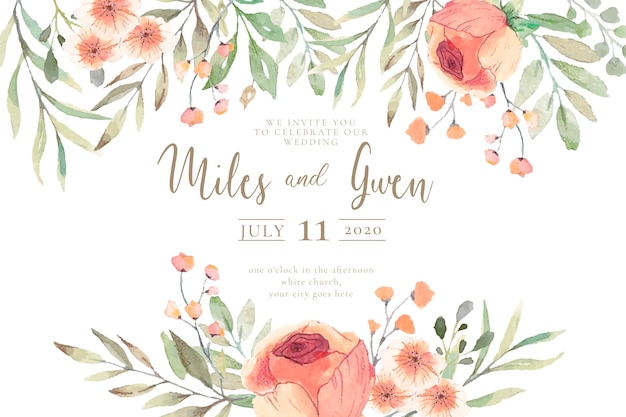 Vecteur gratuit faire-part de mariage avec fleurs aquarelles prêtes à imprimer