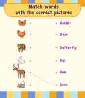 Vecteur gratuit faites correspondre les mots avec le modèle de feuille de travail des images correctes