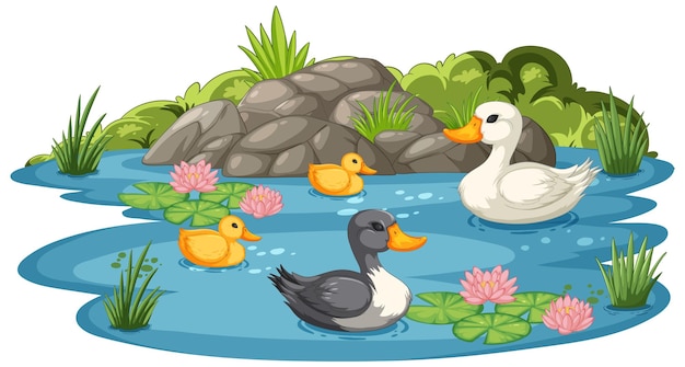 Vecteur gratuit une famille de canards à l'étang