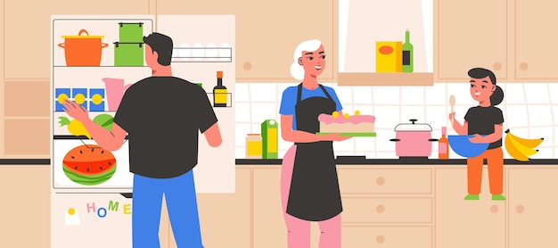 Famille Dans La Cuisine à La Maison Fond Plat Intérieur Avec La Mère Représentant La Cuisson Des Gâteaux Sur Sa Propre Illustration Vectorielle