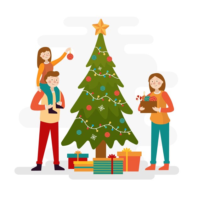 Famille décorant le fond de saison hiver arbre de Noël