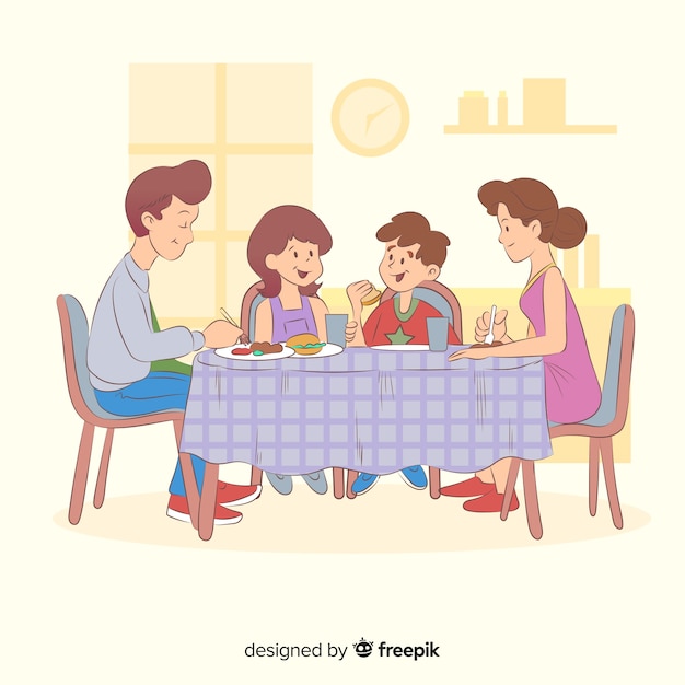 Vecteur gratuit famille de dessin animé assis autour de l'illustration de la table