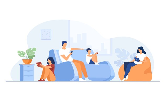 Famille de dessin animé assis à la maison avec des gadgets