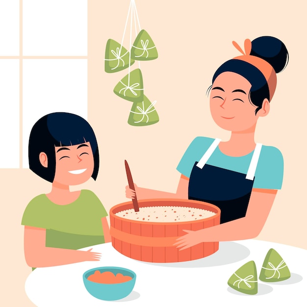 Vecteur gratuit famille dessiné à la main préparant zongzi