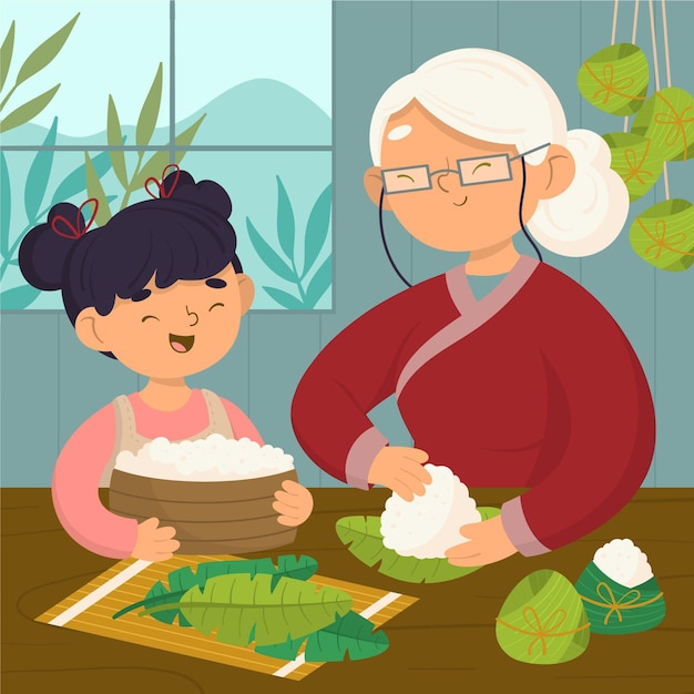 Vecteur gratuit famille dessiné à la main, préparation de zongzi