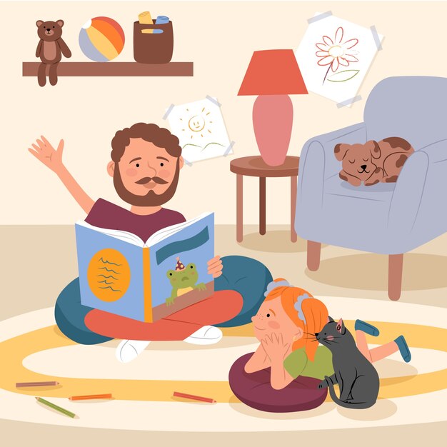Famille dessinée à la main avec illustration d'animaux de compagnie