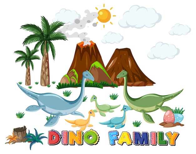 Vecteur gratuit famille de dinosaures avec des objets forestiers