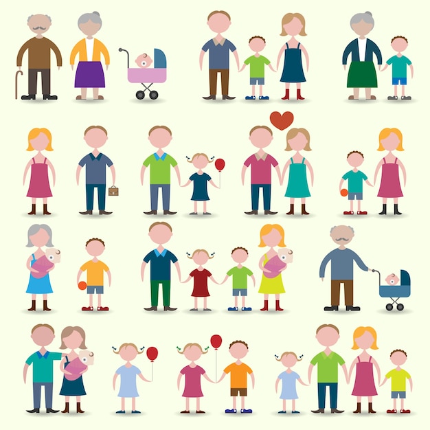 Famille, figures, icônes, ensemble, parents, enfants, couple, isolé, vecteur, illustration