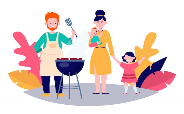 Vecteur gratuit famille, gosses, griller, barbecue, viande, dehors