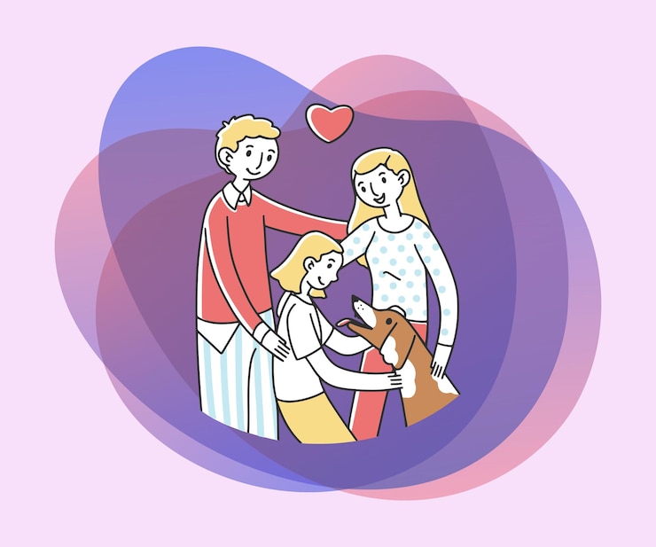 Vecteur gratuit une famille heureuse adopte un animal de compagnie illustration vectorielle plate