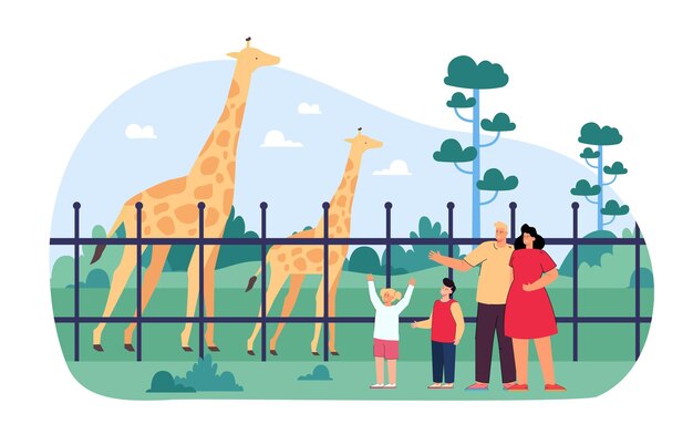 Famille heureuse au zoo illustration vectorielle plane. Mère, père, fils et fille regardant des girafes en cage, passant du temps ensemble le week-end. Animaux sauvages en enclos. Notion de safari