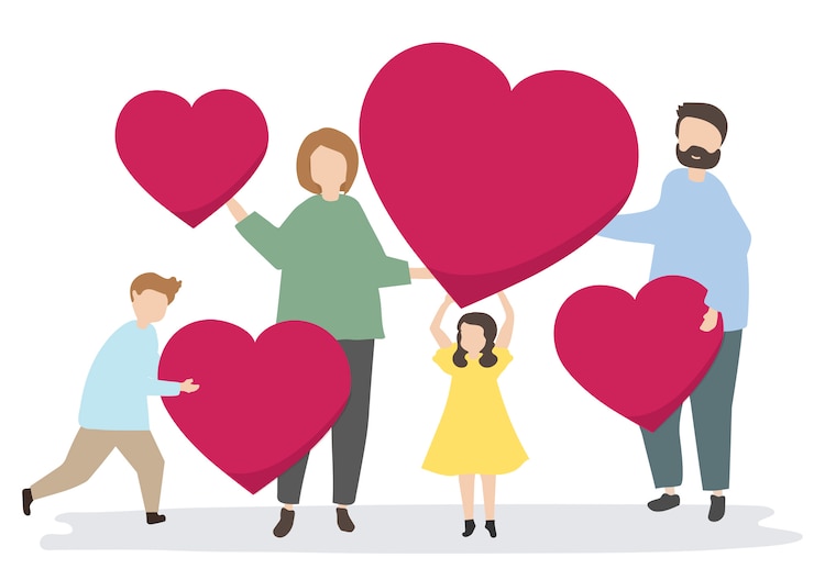Vecteur gratuit famille heureuse avec des coeurs rouges