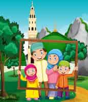 Vecteur gratuit famille heureuse tenant un cadre photo avec mosquée