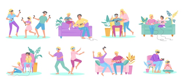 Famille jouant aux couleurs des jeux vidéo vr avec des compositions isolées de la famille avec des joysticks sur l'illustration vectorielle du canapé