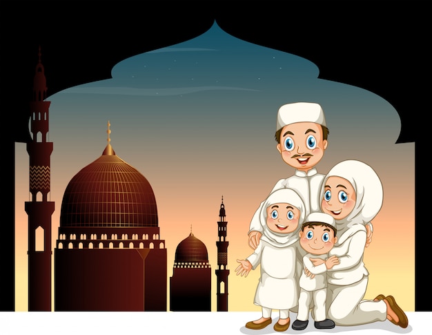 Vecteur gratuit famille musulmane avec fond de mosquée