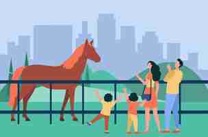 Vecteur gratuit famille regardant cheval dans le parc de la ville. parent et enfants visitant le zoo ou l'hippodrome