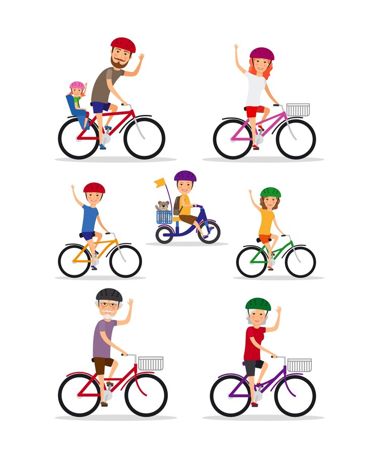 Vecteur gratuit famille sportive. maman, papa et enfants font du vélo. fille et fils, grand-mère et grand-père, illustration vectorielle