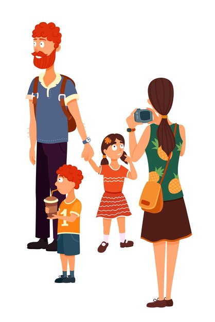Vecteur gratuit famille de touristes avec enfants en vacances maman photos son père de famille voyageant se promène avec les enfants tourisme et voyages excursion et visites