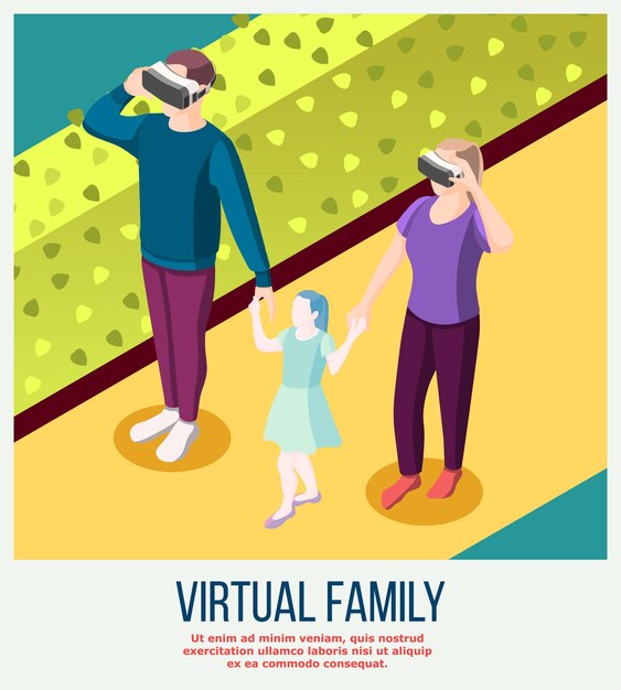 Famille virtuelle d'adultes réels dans des lunettes vr et fille fictive lors d'une promenade isométrique