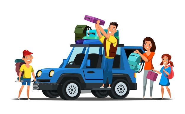 Vecteur gratuit famille en voyage sur la route enfants et parents emballant la voiture pour les voyages de vacances voyage automobile de vacances