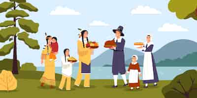 Vecteur gratuit familles portant des costumes d'amérindiens et de pèlerins célébrant l'illustration vectorielle plate du jour de thanksgiving