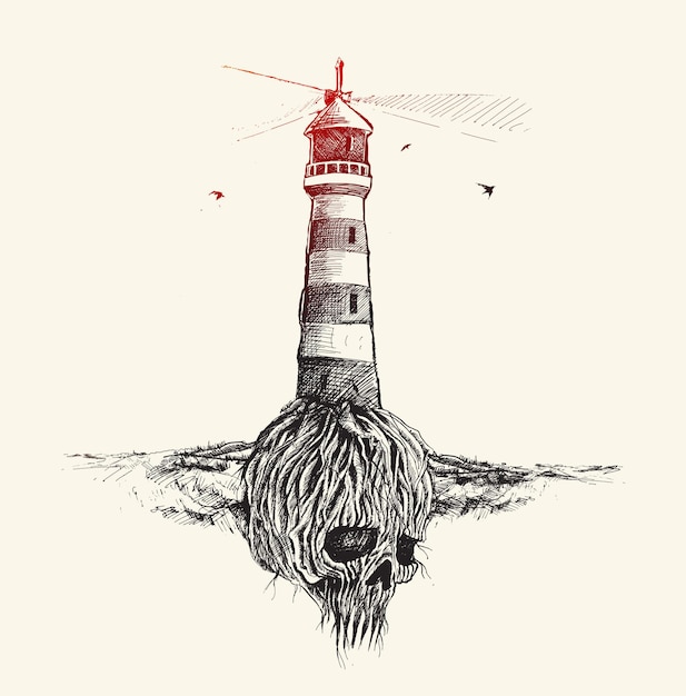 Vecteur gratuit fantastique crâne arbre racines et phare hand drawn sketch vector illustration