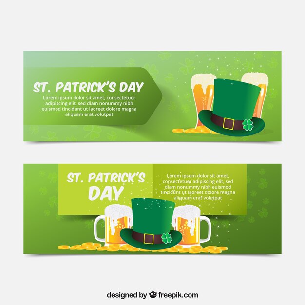 Vecteur gratuit fantastiques bannières de st patrick jour avec chapeau et bières