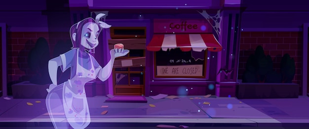 Vecteur gratuit fantôme effrayant près d'un café abandonné pour le jeu