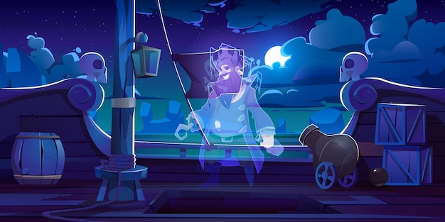 Vecteur gratuit fantôme de pirate sur le pont du navire avec drapeau noir jolly roger la nuit