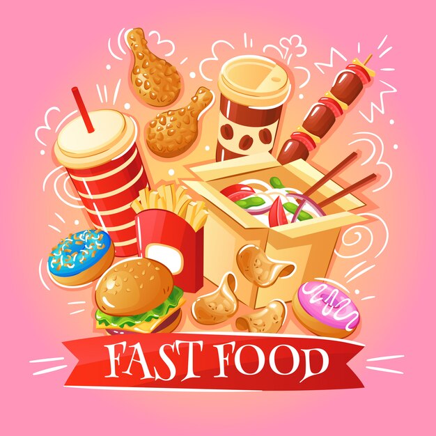 Fast food hamburgers nouilles chips de poulet desserts boissons illustration