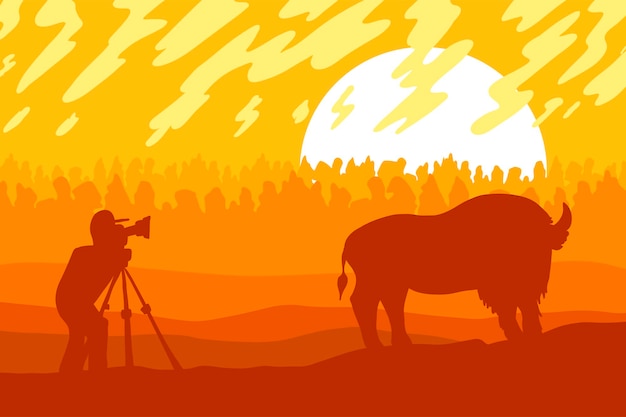 Faune, illustration vectorielle plane photographe nature. paysage minimaliste avec silhouette de bison